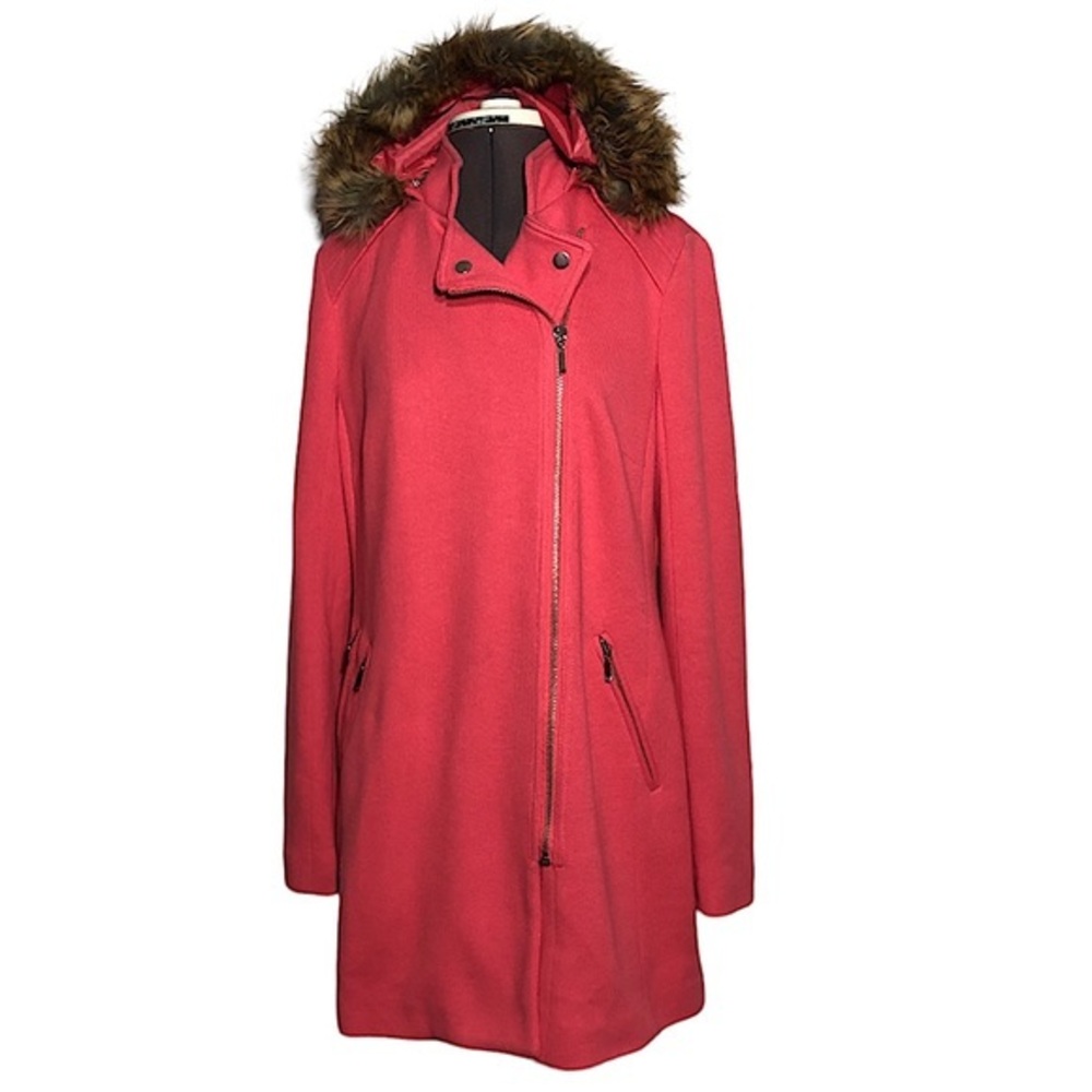 INC Long Full Zipper Lined Removable Hoodie With Fur Coral Pink Pockets Jacket M